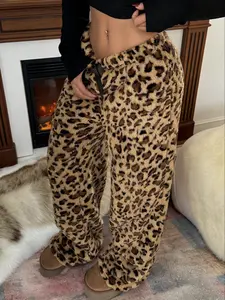 Women's leopard print fleece straight-leg Fitted Aesthetic pants with bow, warm and cozy fit, suitable for outdoor, everyday, and casual wear. #Warm Winter Outfit