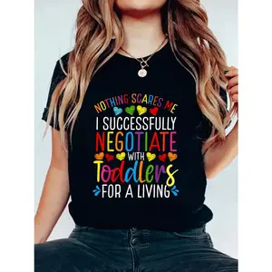 Childcare Teacher Floral Print T Shirt Round Neck Short Sleeves Stretch Fabric Summer Top for Toddlers Daycare Provider