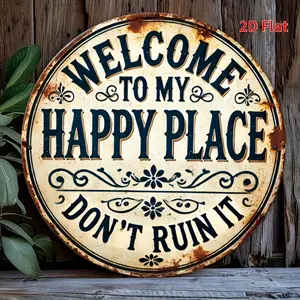 [2D Flat] Vintage-Inspired "Welcome to My Happy Place" Round Metal Sign - Rustic Iron Wall Decor with Floral Accents, Easy to Hang for Bedroom, Kitchen, Dining Area - Perfect Gift for Home or Office, Metal Wall Art Decor