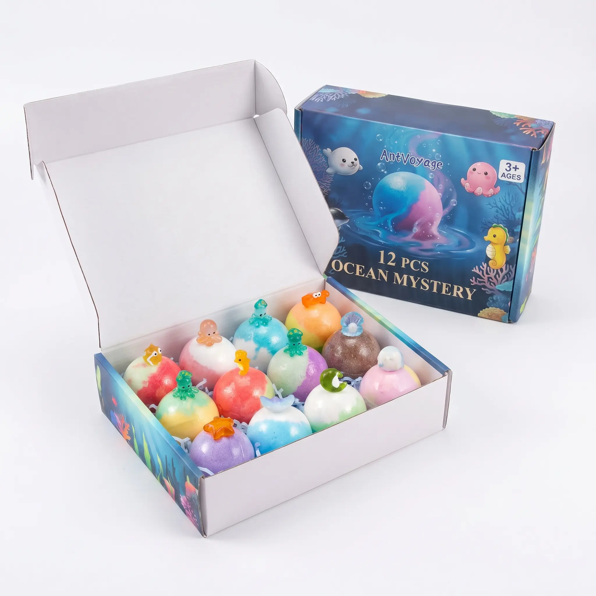 12 Pack Kids Bath Bombs with Surprise Sea Animal Toys, 2-Color Ocean-Themed Fizzy Bath Bombs, Bath Time Gift Set for Boys and Girls, Ages 3+