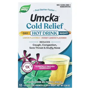 Nature's Way Umcka®, Cold Relief Hot Drink, Day + Night, Ages 6+, Lemon, Honey-Lemon, 12 Packets, 0.17 oz (5 g) Each | HSA/FSA Eligible