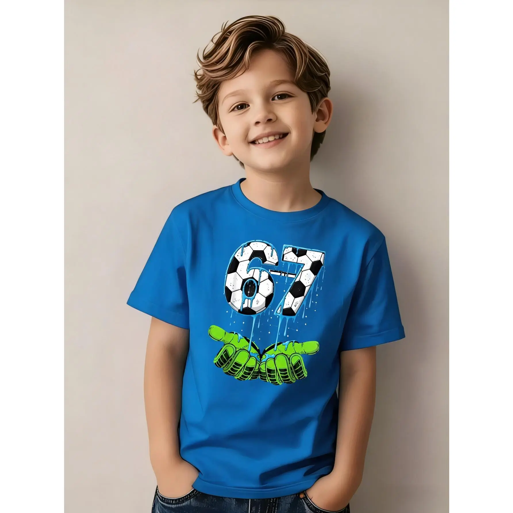 Unisex Kids' Graphic Print Tee - Soccer Ball & Gloves Themed, Soft Cotton Short Sleeve Tops, Expandable Shoulder All Seasons Cute School Top, Stocking Stuffer, Pre-Washed, School Wear