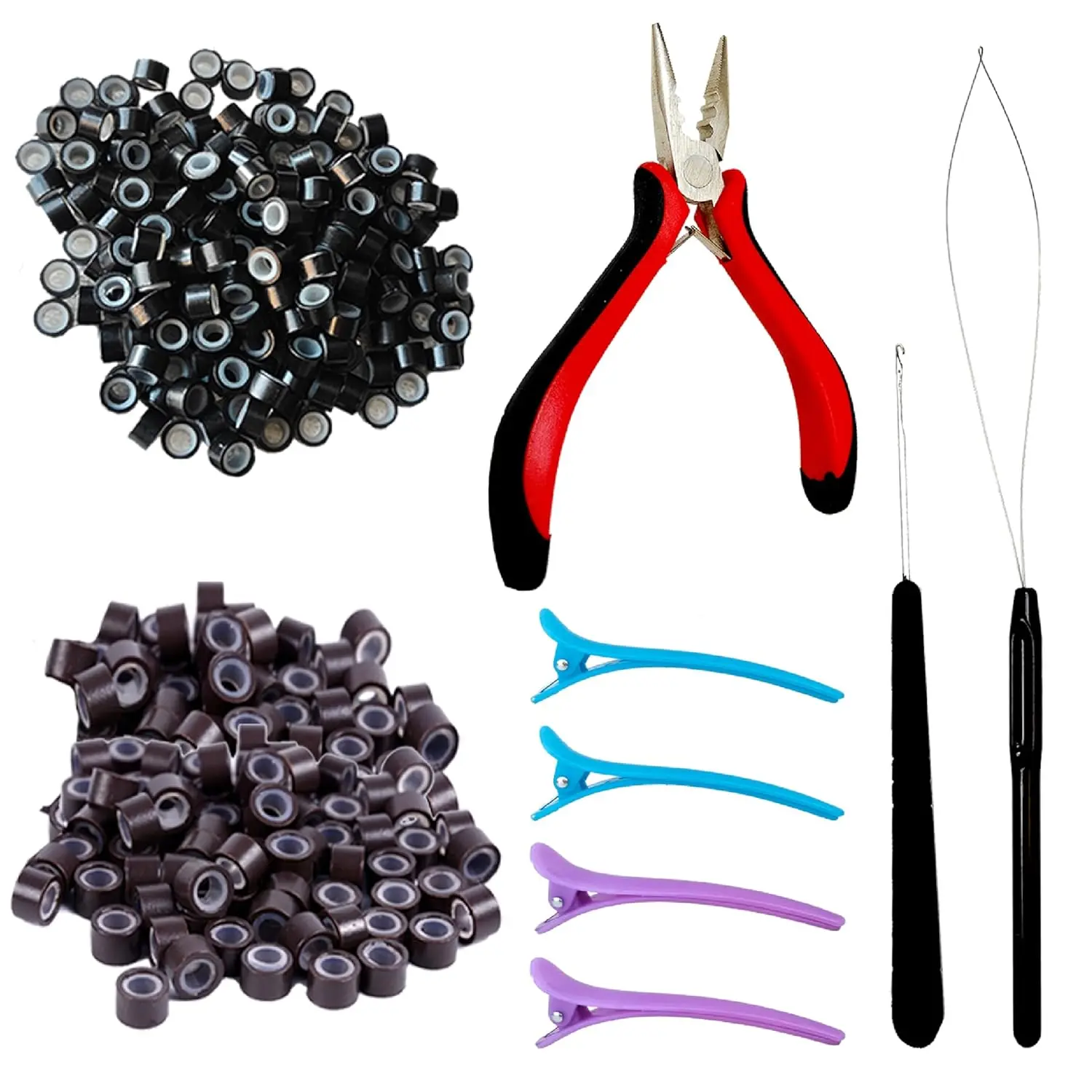 Hair Extension Microlink Tool Kit, 1000  Nano Microbeads, 1 Plier, 1 Pulling Loop Threader, 1 Crochet Hook, 4 Hair Clips, Weft Sew in Extension Kit Tools Accessories for Girls
