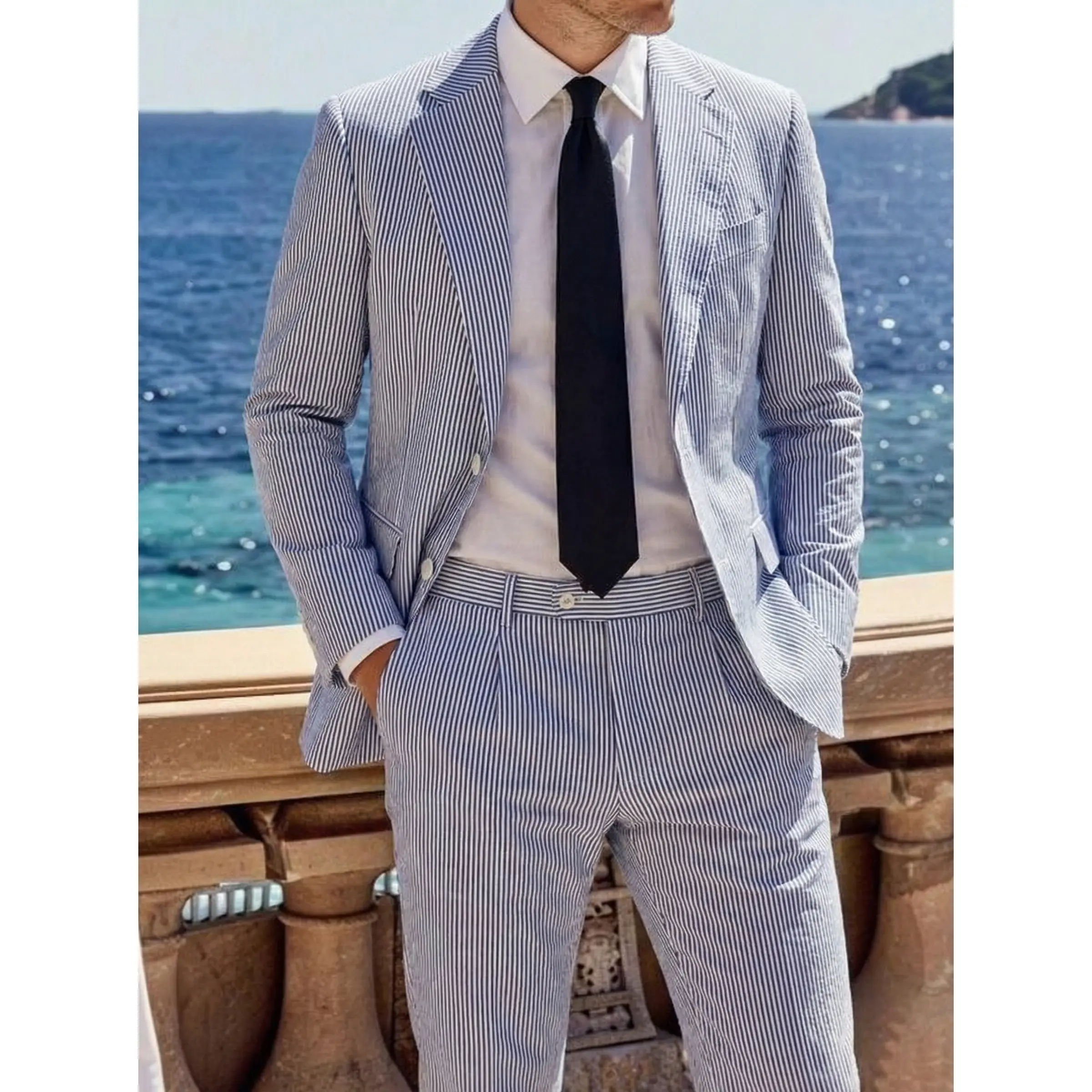 Menswear Men's 2-Piece Bubble Gauze Summer Slim Fit Outfits Suit Groom Sear Sucker Suit Suitable for Wedding & Outfits Fashion
