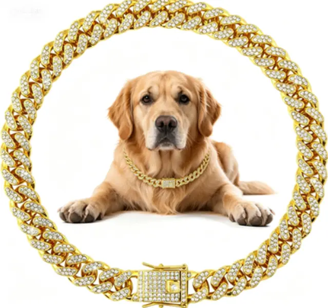Dog Necklace Metal Cuban Link Dog Collar Gold Crystal Chain Collar with Design Secure Buckle Pet Collar Jewelry Accessories for Small Medium Large Dogs Cats(10inch)