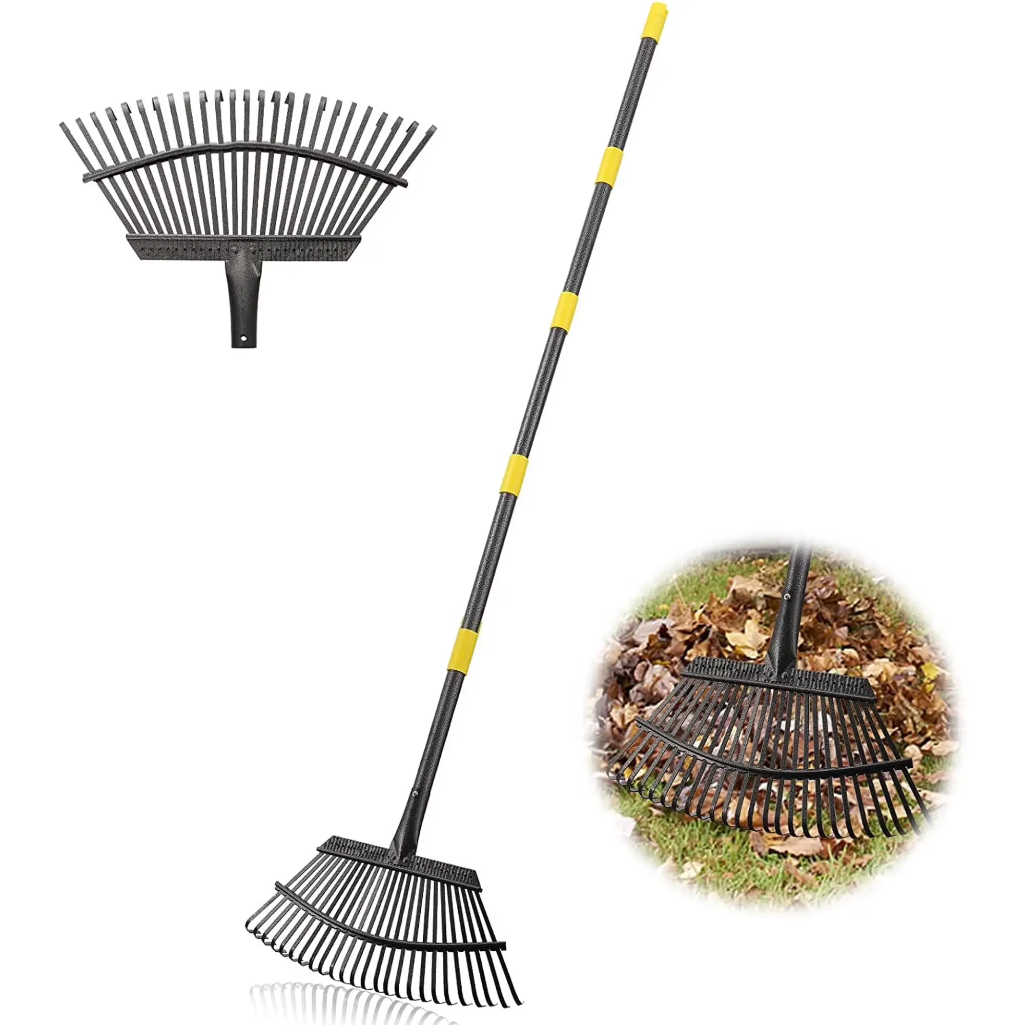 Heavy Duty Metal Garden Leaf Rake with 25 Steel Tines and 18 Inch Wide Head, Adjustable Long Handle Yard Rake for Lawn Leaves Pine Needles and Debris