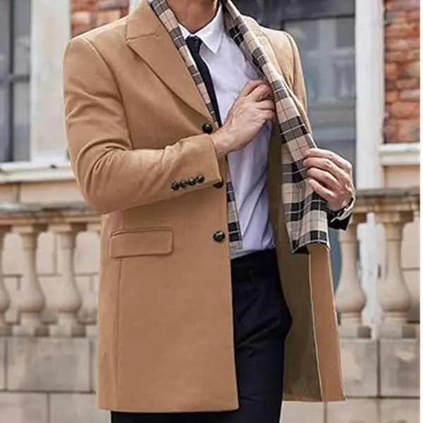 COOFANDY Men's Wool Blended Coat with Detachable Checkered Scarf, Split Collar, Single breasted, Bean Coat, Windbreaker, Autumn/Winter Reserve Wool Blended Windbreaker, Winter Warm Windbreaker Coat, Men's Coat
