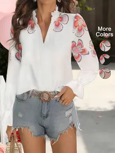 Women's Spring Summer V Neck Bubble Sleeve Ruffle Print Solid Color Shirt Blouse, Casual Business Commute Wear, Elegant Floral Pattern