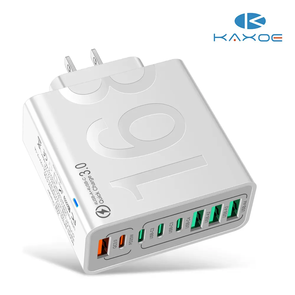 Kaxoe 8-Port Fast Charging USB Hub 4 USB-C & 4 USB-A Portable Smart Charger for Phones Tablets & More Compact Travel-Friendly Design