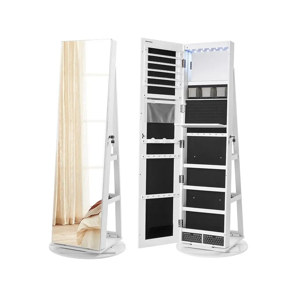 SONGMICS LED Lighting Jewelry Cabinet - Wall or Door Mount, Lockable Rounded Wide Mirror, MDF Wood Storage Organizer with Large Surface, Interior Decor Design Makeup Aid Furniture