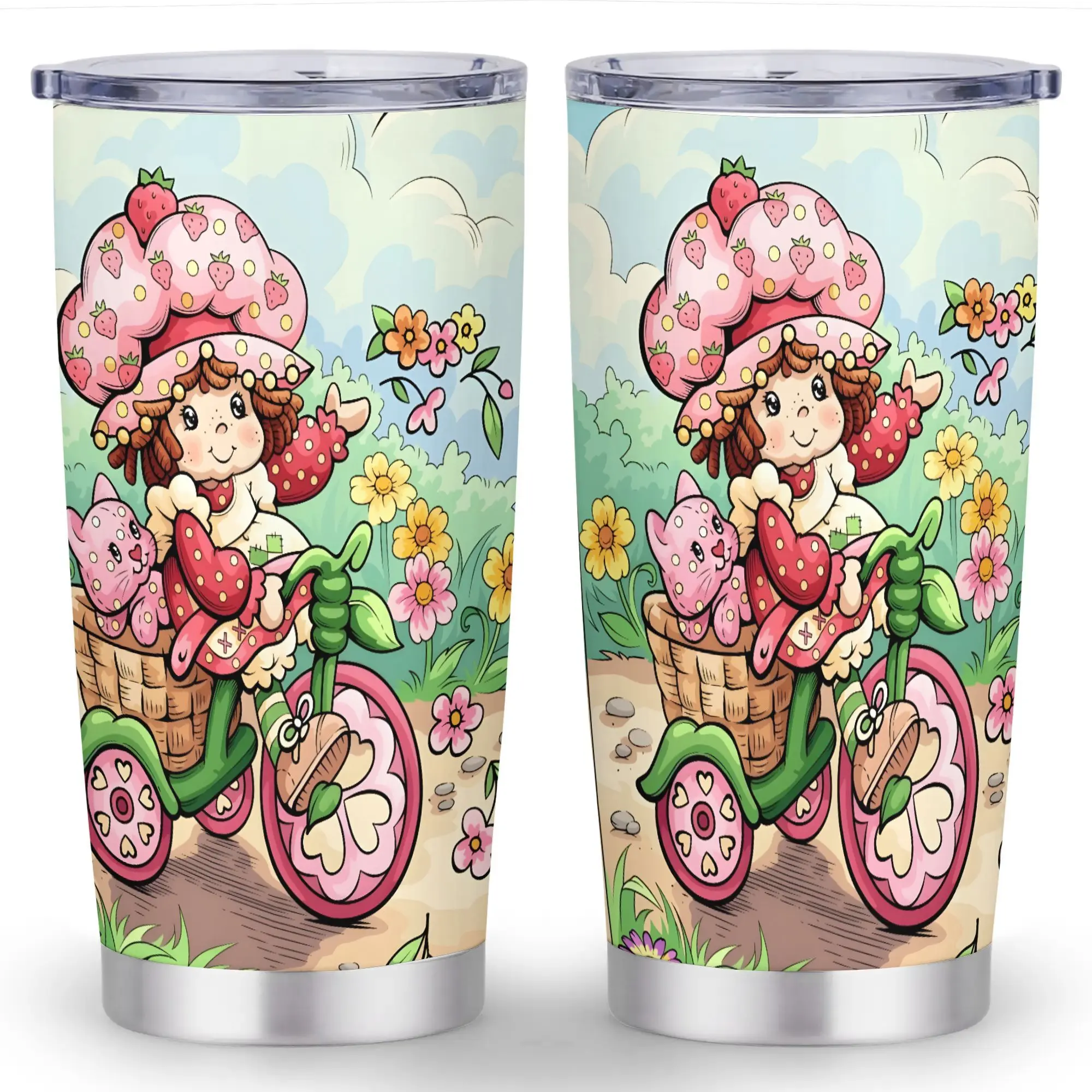 1pc 20oz Novelty Classic Strawberry Shortcake Stainless Steel Vacuum Flask Tumbler - Double-Wall Vacuum Insulation, Leak-Proof Lid, BPA-Free, Anti-Scalding, Portable with Straw, Ideal Holiday Gift for Thanksgiving, Christmas