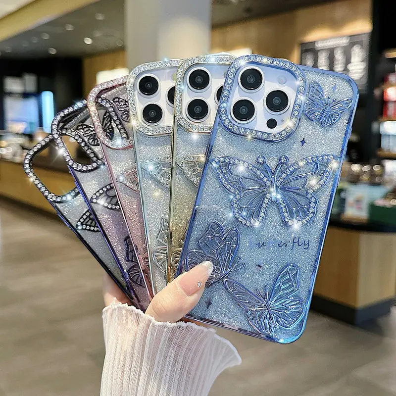 Butterfly Mobile Phone case for iPhone/17 Pro Max/17Air/17/16 ProMax/15/14/13 Flash Gradient Funda Electroplate Back Cover NH14