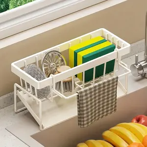 [Dish Soap Caddy] Versatile Kitchen Sink Organizer With Towel Rack - Heavy-Duty Metal Sponge Holder, Dish Soap Caddy & Self-Draining Tray - No-Drill Installation, Space-Saving Under-Sink, Restaurant, Or Commercial Kitchens - Easy-Clean Design,