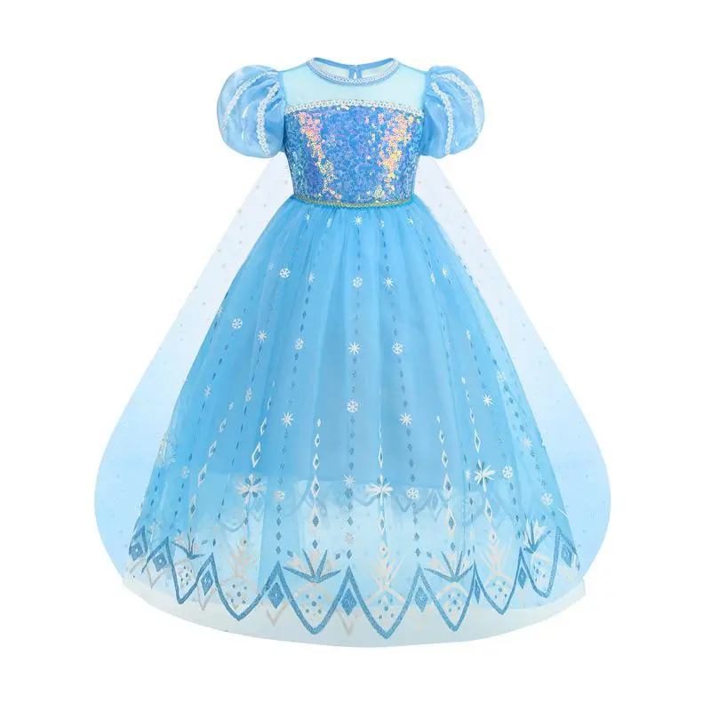 Princess Elsa Frozen-Inspired Dress| Sparkling Short-Sleeve Party Gown for Girls| 2024 Halloween Performance & Costume