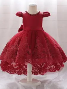 Girl's Appliques Big Bow Decor Party Dress, Elegant High Low Hem Satin Embroidered Tulle Dress for Party Performance Wedding Guest, Kids Clothes for All Seasons