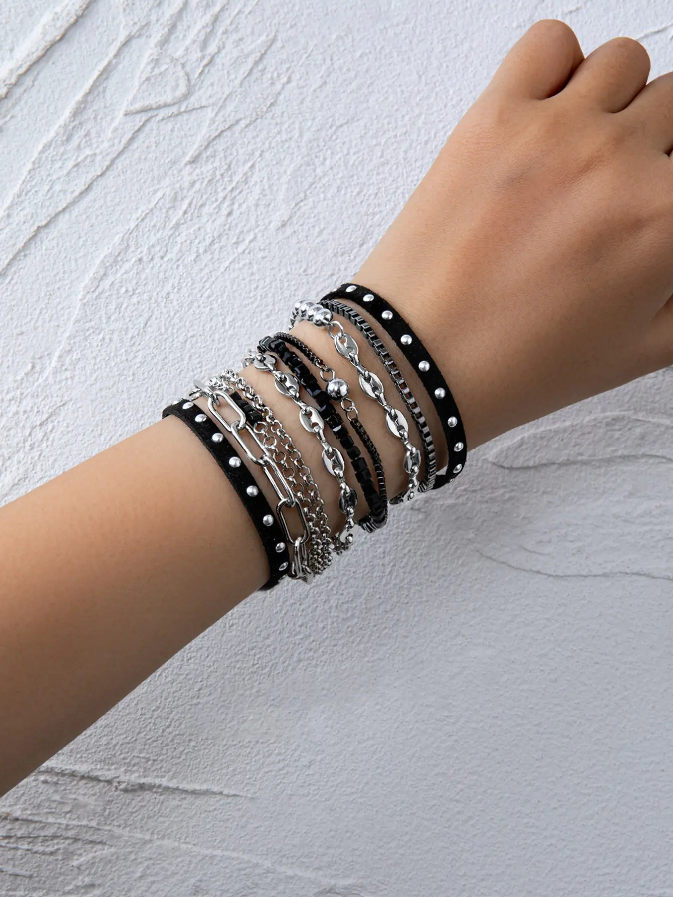 Dark Punk Style Multi-Layer Bracelet Set, Silver Rivet Leather Rope Metal Chain Stackable Wristbands, Unique Jewelry, Layered Bracelet Set