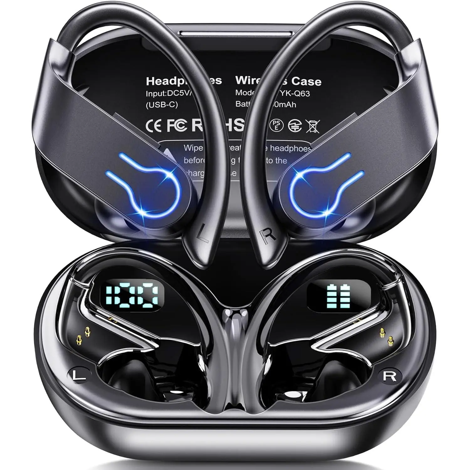Wireless In-ear Design Earphone, Bluetooth-compatible 5.3 Earbuds with ENC Mic, Stereo Sports Headphones with Earhooks, Waterproof Earbuds for Running, Music