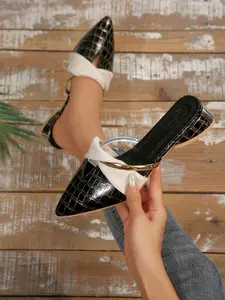 Women's 2026 Hot Trending Metal Bar Detail Pointed Toe Design Low Heel Mules, Elegant Comfy Closed Toe Single Shoes for Office, Daily Wear & Casual Occasions, Fashion Dress Shoes for Women & Girls