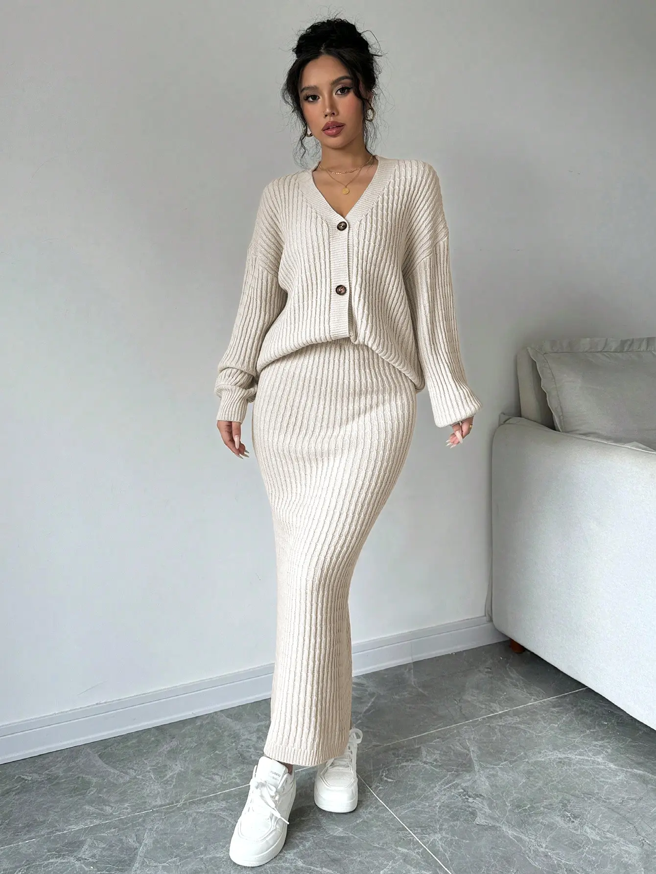 Women's 2 Piece Knit Skirt Set - Long Sleeve Ribbed Cardigan Top & Bodycon Maxi Sweater Skirt Outfit, Fall Winter Lounge Matching Set, Button Down V-Neck Knitwear Co-Ord for Casual, Office, or Travel Style, Soft Fitted Apricot Suits Feminine Slim Womenswe