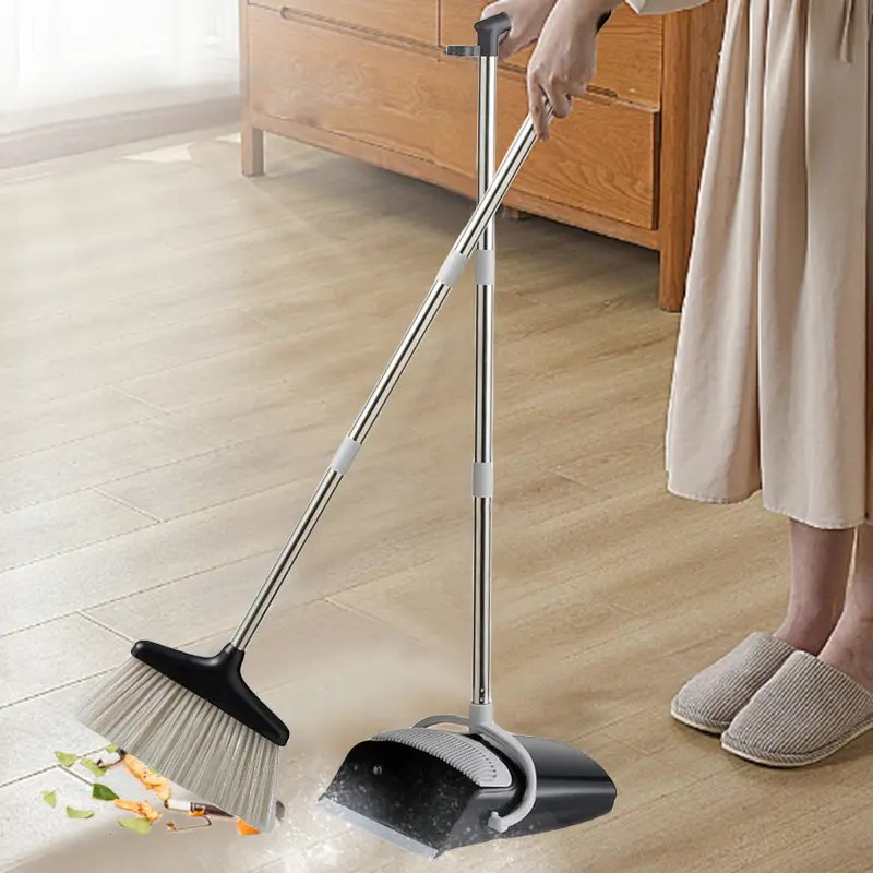Gray-Black Plastic Broom with Dustpan Set, 2-in-1 Household Cleaning Tool, Thick Floor Cleaning Brooms, Hair-Free Multifunctional Dustpan, Saves Time and Effort Home Care Supplies