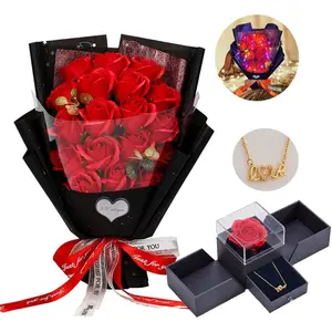 [Valentines Gift] Roses Bouquet Artificial Flower - Preserved Red Flowers with Love Necklace for Her - Unique Gifts Valentine's Day, Mother's Day, Thanksgiving, Birthday, Anniversary
