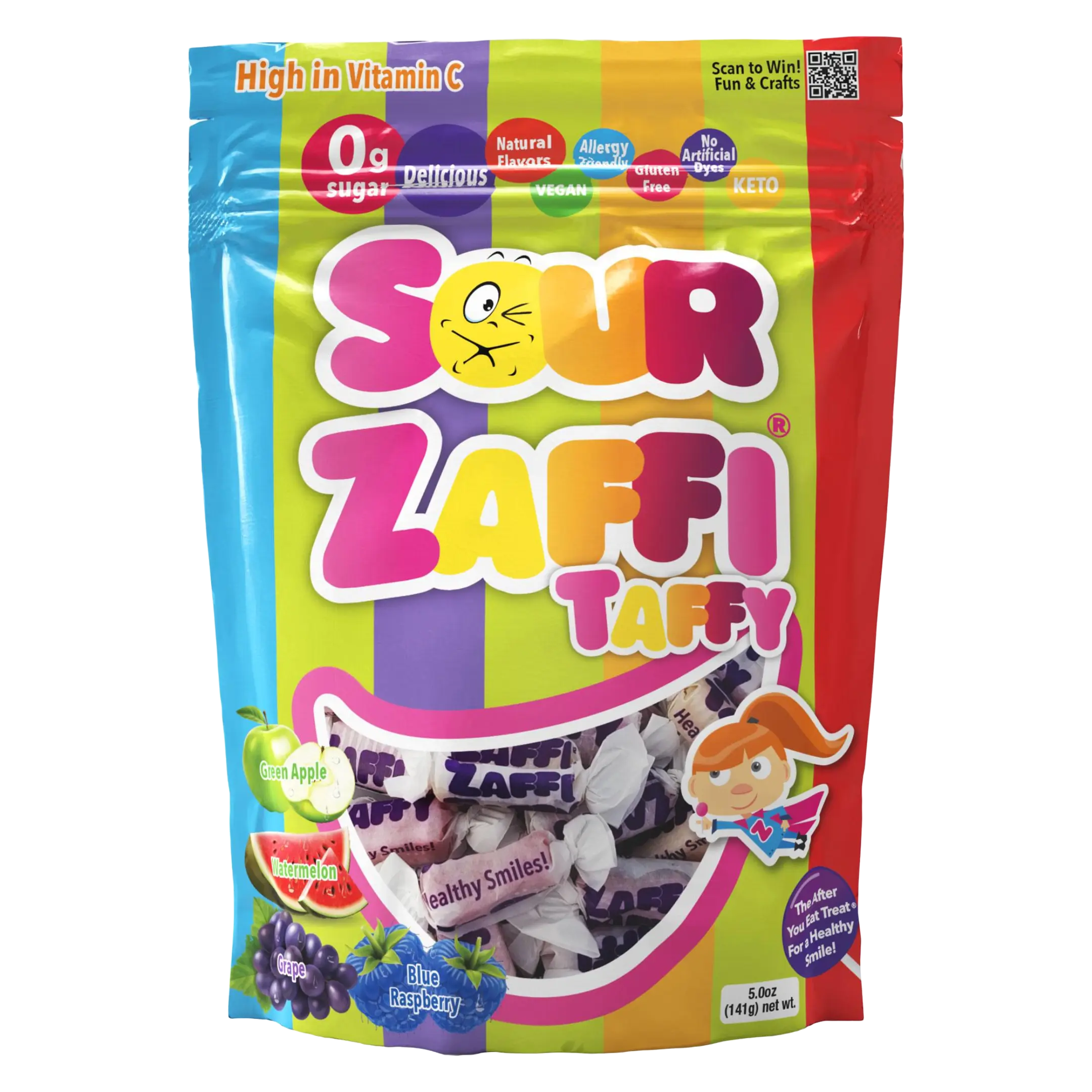 SOUR Zaffi Taffy Sugar Free Vegan Taffy 5 oz. Pouch Sour Candies Sour Gummy Variety Sour Sweet Flavors