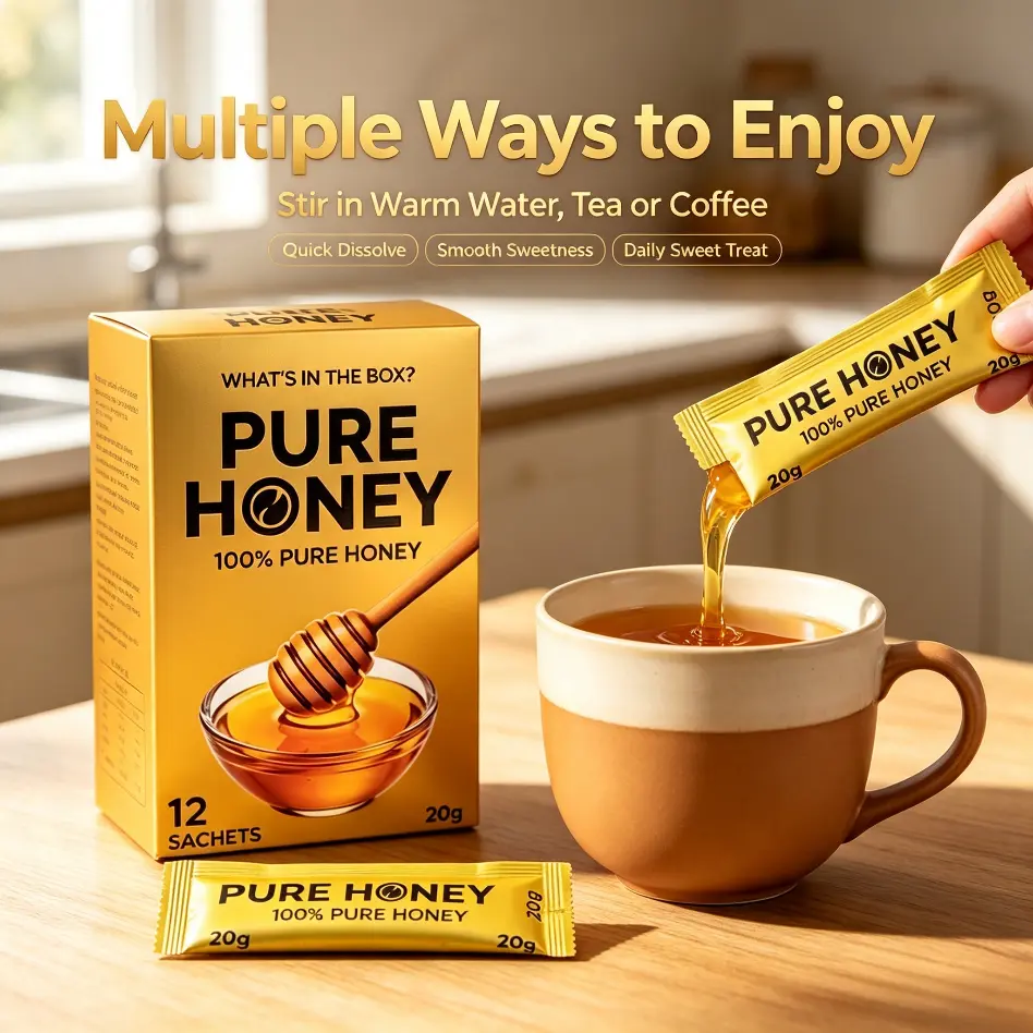 Natural Organic Honey with Bee Pollen & Royal Jelly, 12 Sachets x 20g (240g), No Added Sugar, Ambient, Pure Flavorful Daily Honey for All Ages