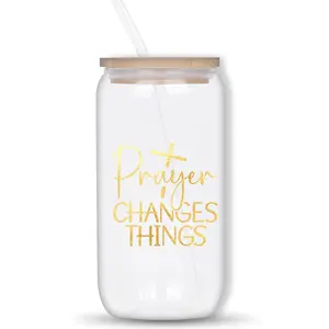 1pc/16oz/500ml/Glasses With Lids And Glass Straw,Gift Mason Cup,Glass Tumbler,Mason Jar,Prayer Changes Things Printed Glass Cup,Holiday Gift Drinking Glassware For Parties, The Perfect New Year Gift For Family And Friends