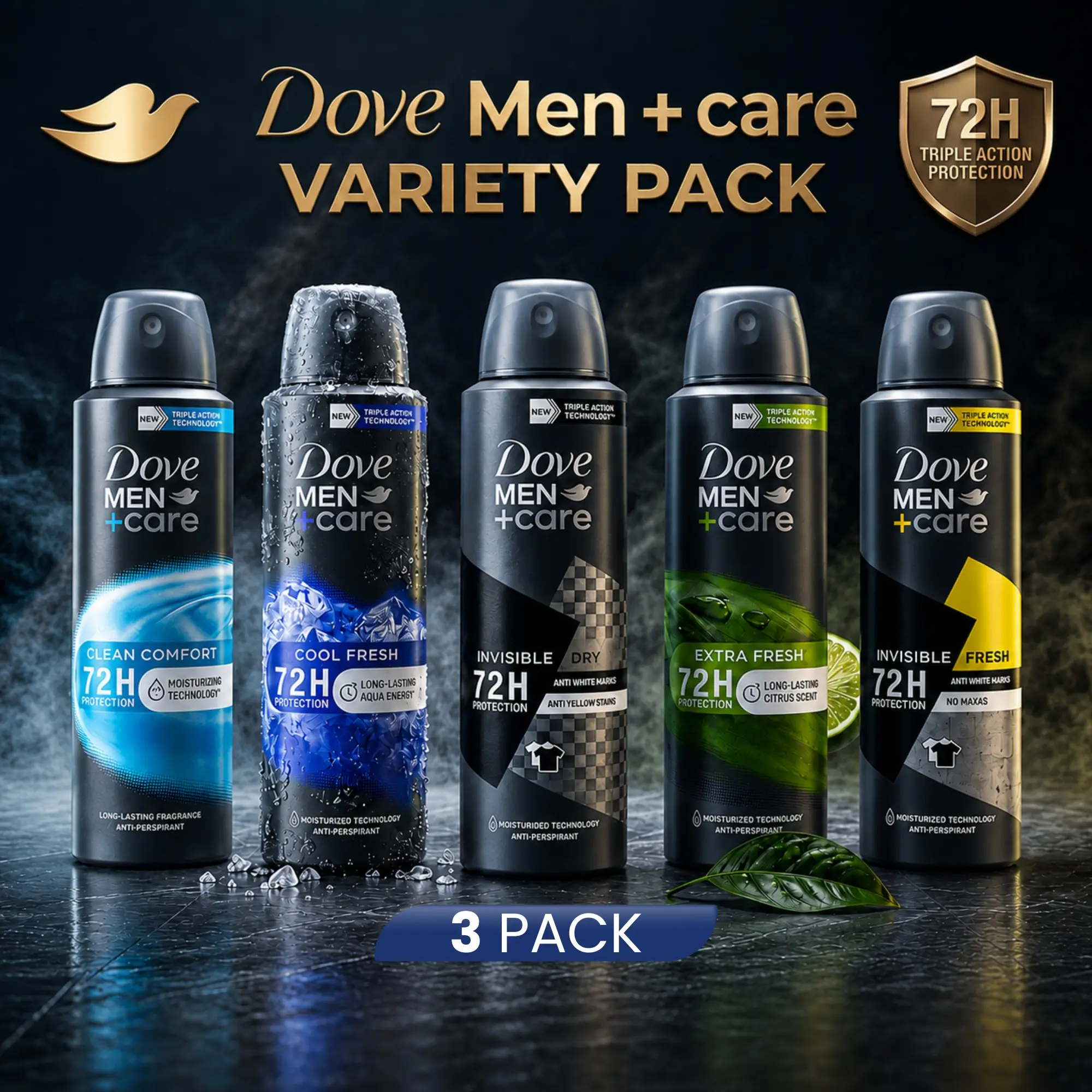 Dove Men+Care Deodorant Spray Variety Bundle 3 Pack (150ml / 5oz) 72H Triple Action Protection Antiperspirant - Long Lasting Sweat Defense Clean Comfort, Extra / Cool Fresh & more Scents Men's Body Spray Mixed Flavors