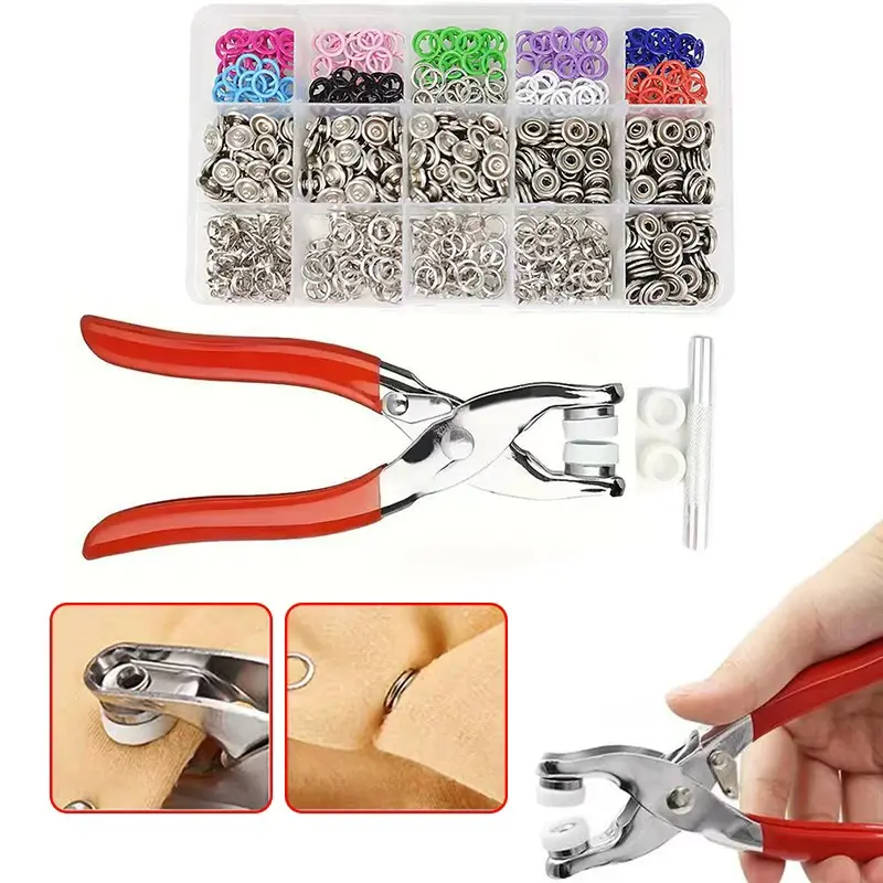 Buttons & Pliers Tool Kit,Including 200pcs Metal Sewing Button & 1count Snap Fastener Pliers Set,Grommet Tool Kit,3/8 Inch Grommets Eyelet Plier Set with 500pcs Eyelets,Household Sewing Supplies,DIY Clothes Sewing Accessories