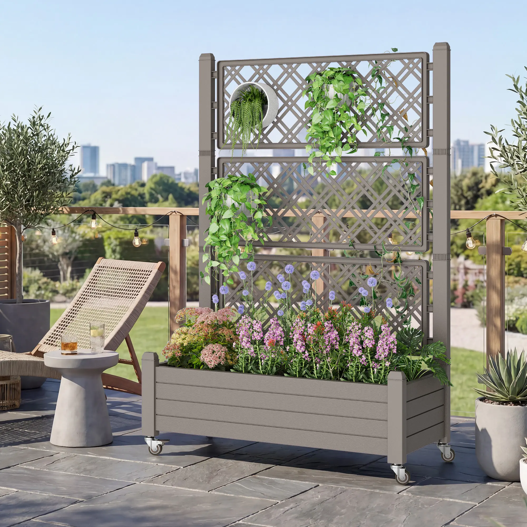 Raised Garden Bed with Trellis, Mobile Planter Box with Smooth-Rolling Lockable Wheels, Double Diamond Lattice for Climbing Plants, High-Hardness Weather-Proof Material & Built-In Drainage,Summervibes