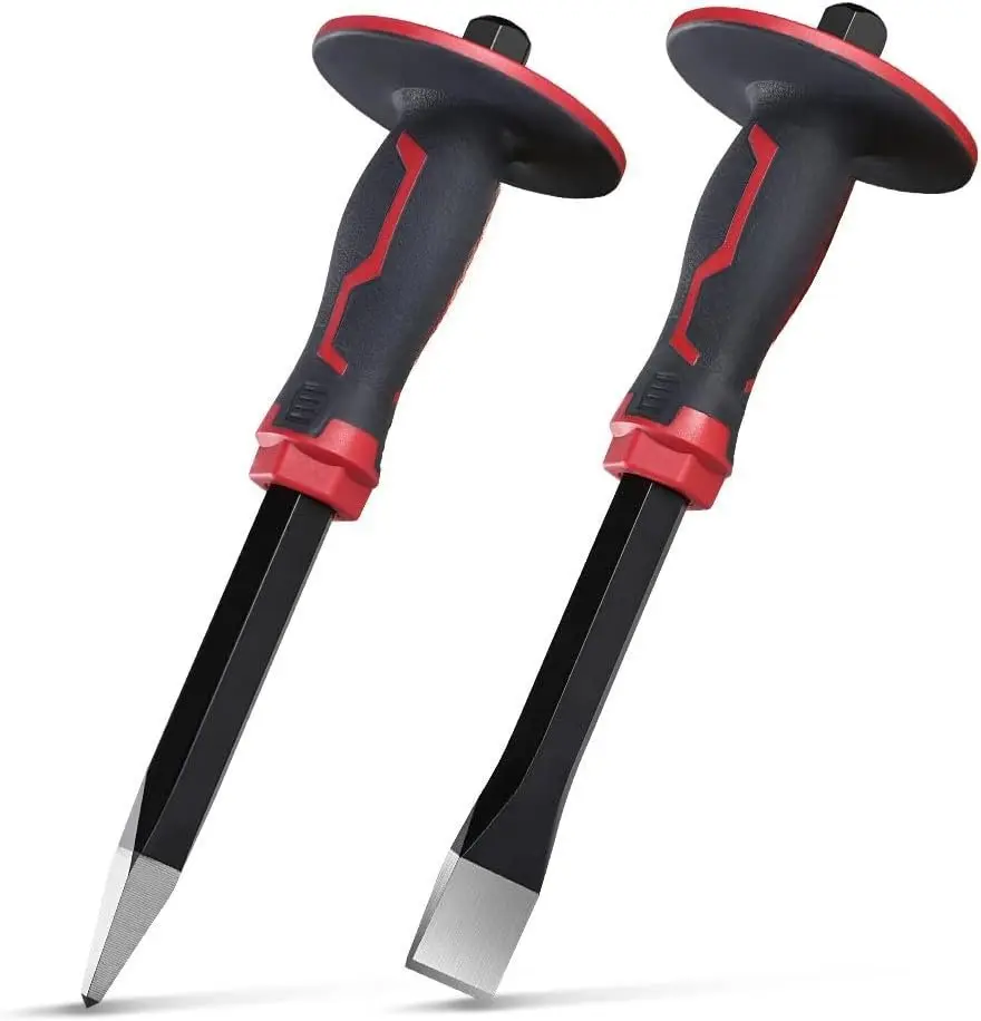 Masonry Chisel Set - 2- Heavy Duty Pointed & Flat Rock Chisels, Concrete Stone Chisel with Hand Protection for Brick Breaking Carving Splitting  Mason Tools