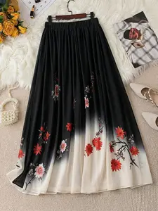 Plus Size Women's Elegant Floral Printed Colorblock Flare Long Skirt, Firerie Plus Design, Suitable for Formal Occasions