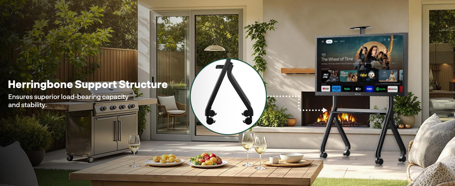 SYLVOX Outdoor TV Y-Type Rolling TV Cart Stand for 43-55 Inch TVs – Waterproof, Heavy-Duty Alloy Steel, 360° Locking Wheels, Adjustable Height & Shelf, VESA 100x100-700x500mm (Max 80kg/176lbs)