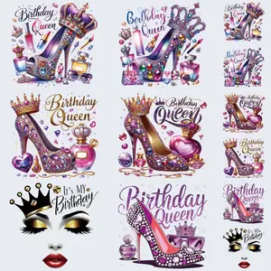 12 Piece Watercolor Creative Birthday Theme Transfer Stickers, Colorful Clothing Iron-On Patches, DTF Heat Press Decals for DIY Crafts Handcraft