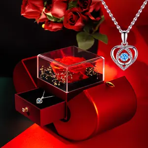 Preserved Real Rose with Necklace Gift Box Set, Eternal Rose Flowers Gifts for Anniversary Birthday Mother's Day, Jewelry Set for Women Mom Girlfriend Wife Grandma Artificial Rose Bouquet with Love Necklace