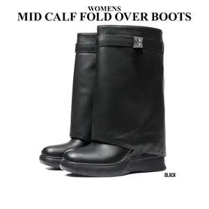 CYNLLIO Fold Over Slouchy Shark Boots for Women Platform Heel Round Toe Side Zipper Mid Calf Booty Wide Calf Pull On Fashion Comfy Boot for Concert Night Party Cosplay Goth Vibe Spring Shoes