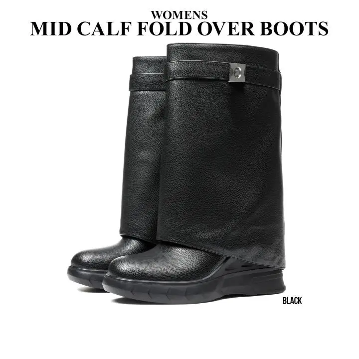 CYNLLIO Womes Fold Over Slouchy Shark Boots Platform Heel Round Toe Side Zipper Mid Calf Booty Wide Calf Pull On Fashion Comfy Boot for Concert Night Party Cosplay Goth Vibe Summer Shoes