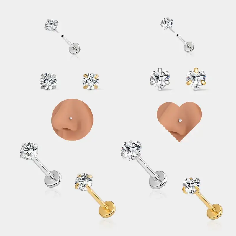 Dainty Heart Star Titanium Flat Back Stud 16G - Hypoallergenic Threadless Piercing for Nostril & Lobe Gold Filled Surgical Steel Nose bar length free gem picker tool labret replacement Colorful Handmade African Waist Beads Set jewelry pack stainless nose