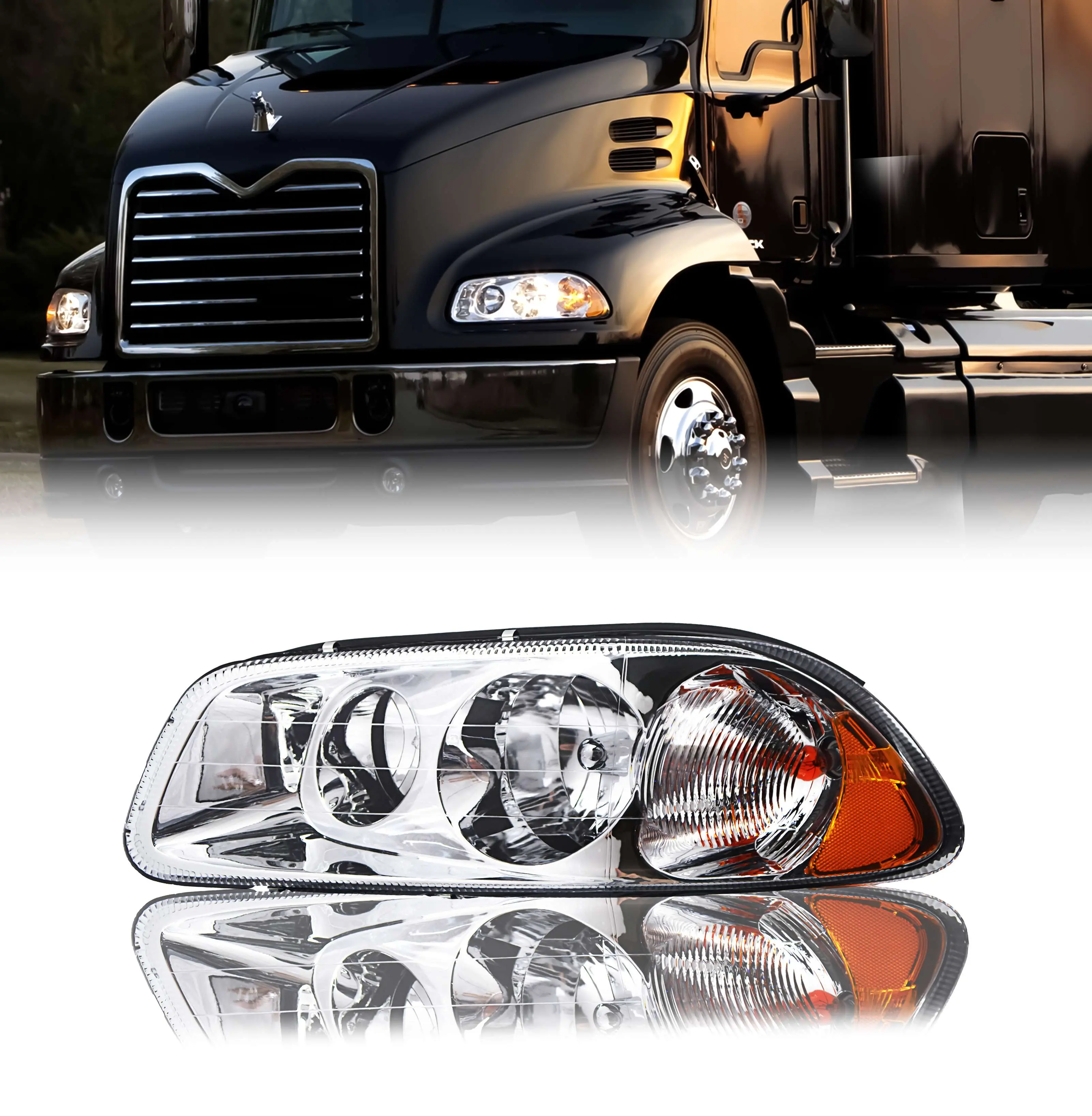 LH Torque Headlight Assembly (TR049-L) for Mack Vision Granite Pinnacle CX/CXN/GU Series, Driver-Side Replacement with Halogen Bulb, Turn Signal, All Bulbs Included, DOT SAE Approved, Trucks