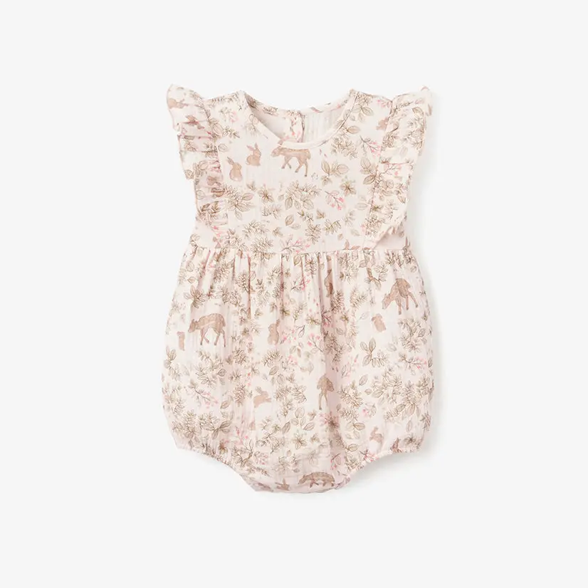 Woodland Print Organic Muslin Bubble Baby Romper