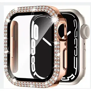 Apple Watch Series 9 Case with Tempered Glass Screen Protector 2 Rows Rhinestone Luxury Protective Cover for Apple Watch S10 S9 S8 45mm 41mm Rose Gold
