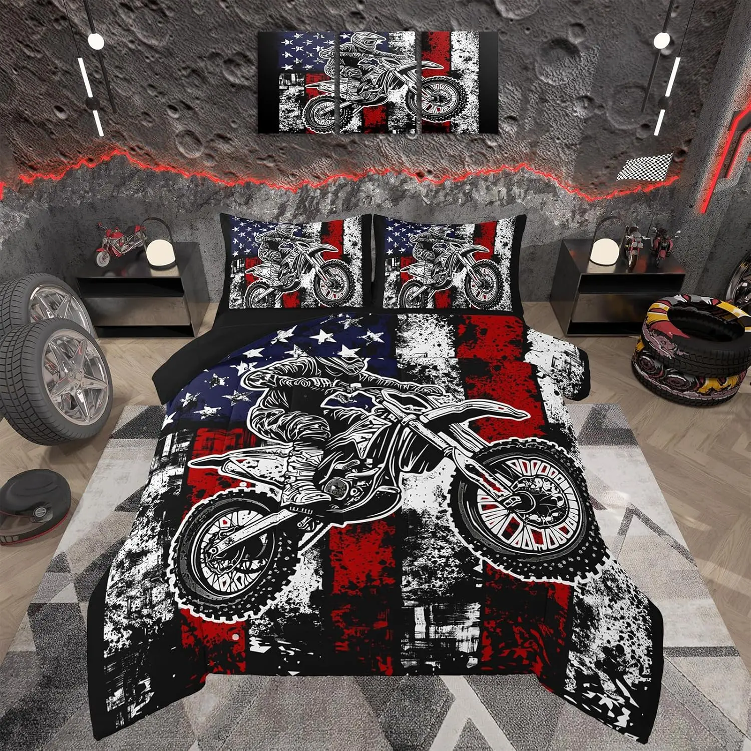 Kids Boys Dirt Bike Bedding Set ,American Flag Comforter Set,Motorcycle Motocross Rider Comforter,White Red Stripes Stars Print Bed Set for Boys Room Decor