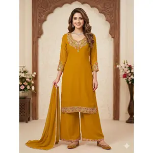 Women’s Georgette Zarkan & Embroidery Work Kurti Palazzo Set with Dupatta