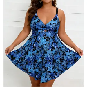 2026 Tummy Control Plus Size One Piece Swimdress, Modest Slimming Tankini Swimsuit,Twist Front Cutout Tropical Print Swimwear for Beach