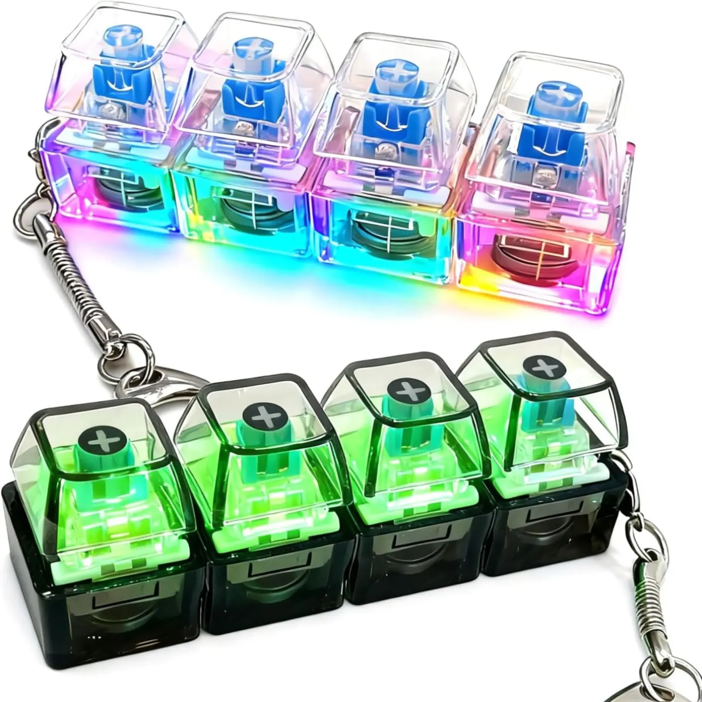 Glowing Keyboard Fidget Toy, 4-in-1 Decompression Button Keychain, Stress-Relief Finger Clicker in Transparent Color