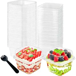 100Pcs 8oz Plastic Dessert Cups with Lids and Spoons,Disposable Parfait Cup Square Cake Containers for Party Favor,Mousse,Yogurt,Pudding,Snacks,Fruits,50 Sets