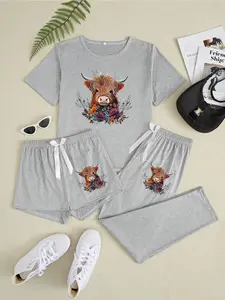 Women's Cartoon Floral Highland Cow Print Pajama Set, Casual Fitted Sleepwear, All Seasons Comfortable Nightwear, Moderate Fabric