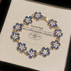 Enamel Flower Zircon Bracelet for Women, Dainty Gold Plated Minimalist Jewelry, Quiet Luxury Adjustable Floral Charm Bracelet, Elegant Stackable Accessory for Daily Wear Gift