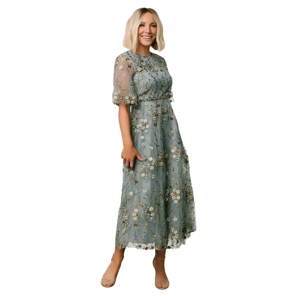 Women's Arabella Bridal Short-Sleeve Lightweight Embroidered Tulle Maxi Dress - Dusty Blue, Elegant Round Neck, Gold Floral Detail, Fit Design